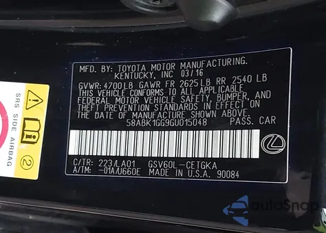 2016 Lexus Es 350 из США, поврежденный, VIN 58ABK1GG9GU015048